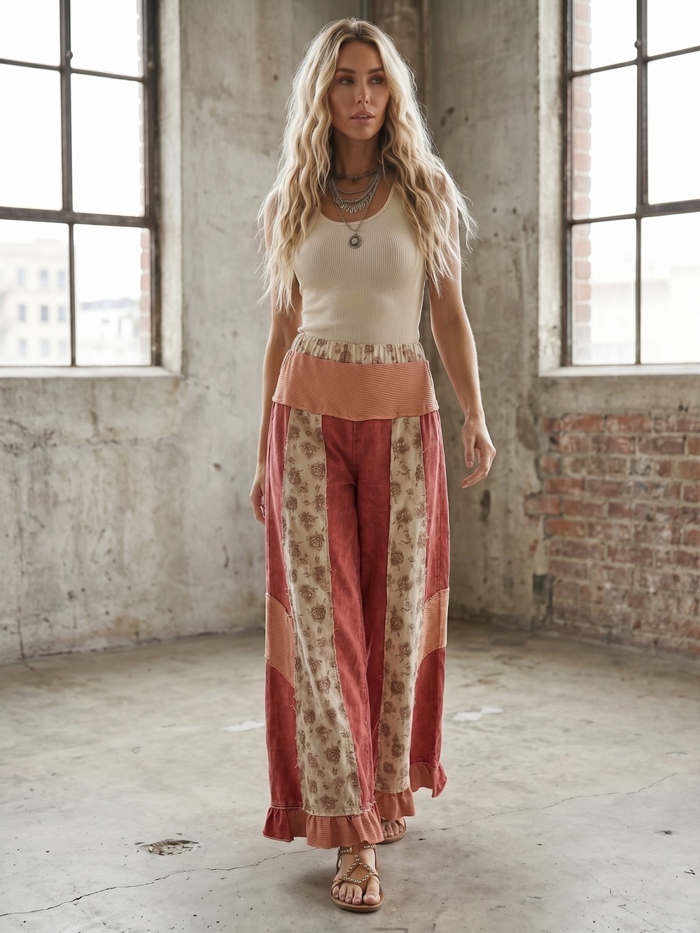 NWT POL Boho Wide Leg Floral Print Waffle Knit Mixed Media Ruffle Pants